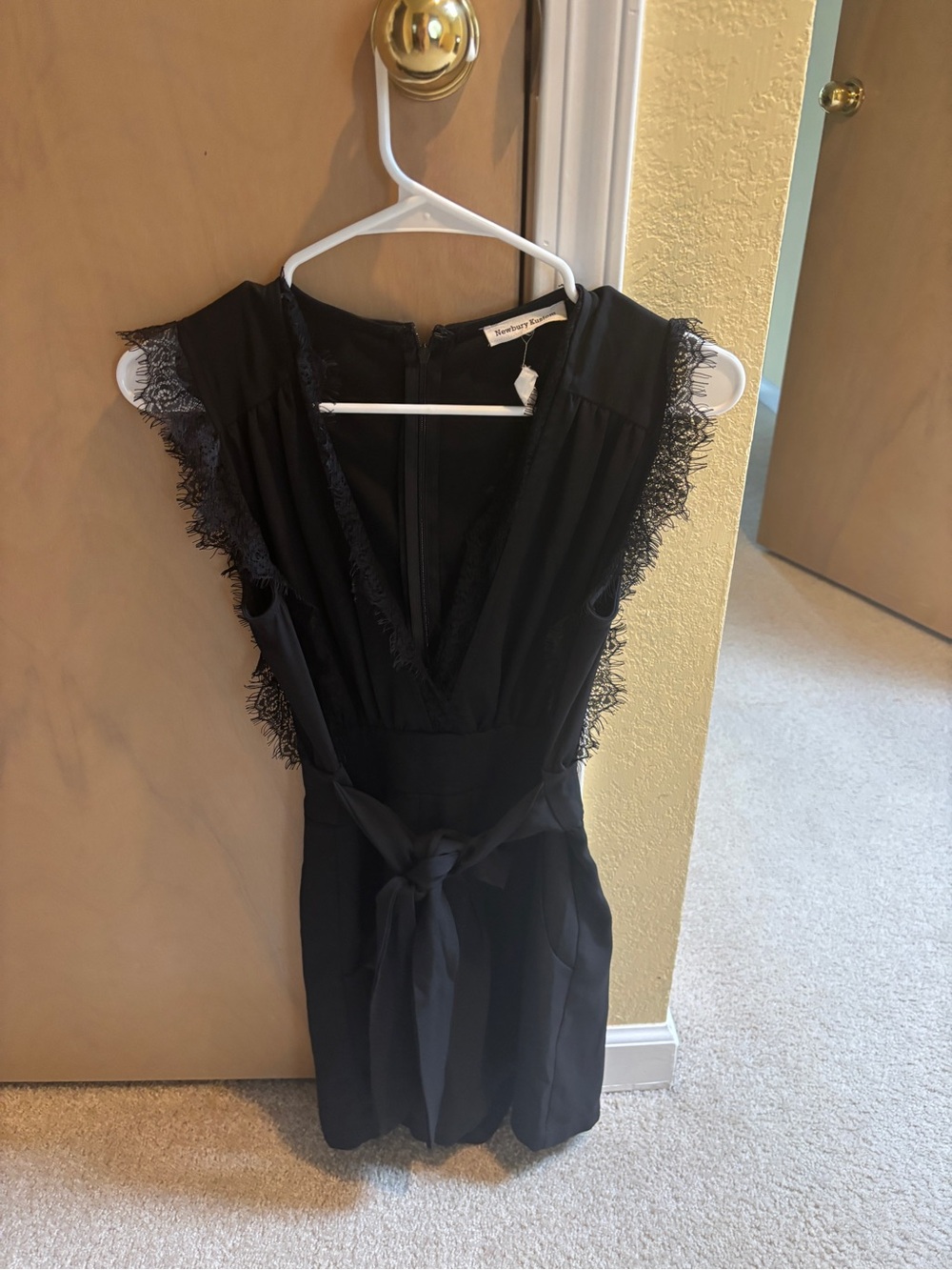 Newbury Kustom Black Lace-Trim Mini Dress with Waist Tie